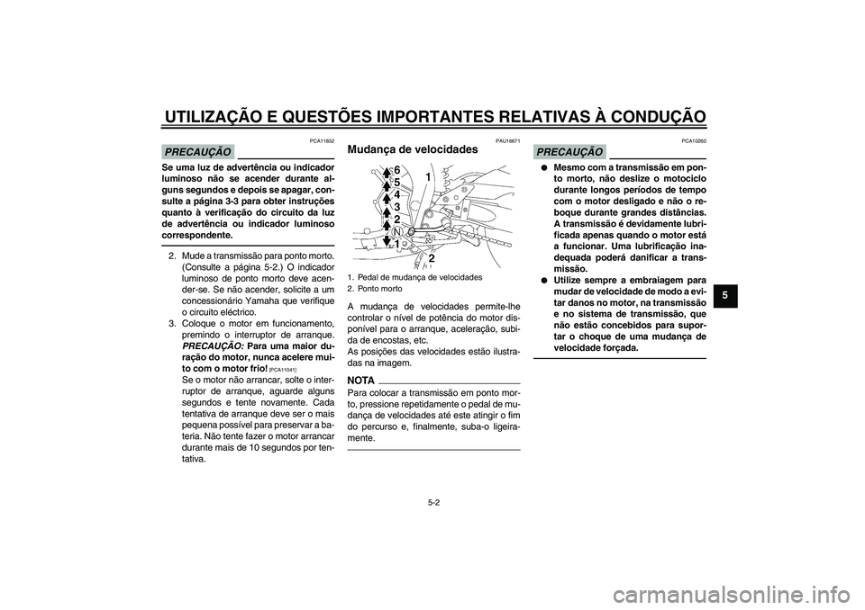 YAMAHA FZ1 S 2010  Manual de utilização (in Portuguese) UTILIZAÇÃO E QUESTÕES IMPORTANTES RELATIVAS À CONDUÇÃO
5-2
5
PRECAUÇÃO
PCA11832
Se uma luz de advertência ou indicador
luminoso não se acender durante al-
guns segundos e depois se apagar, c