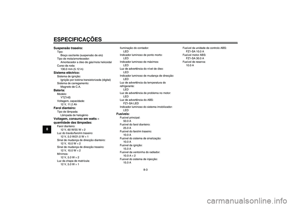 YAMAHA FZ1 S 2010  Manual de utilização (in Portuguese) ESPECIFICAÇÕES
8-3
8
Suspensão traseira:Tipo:
Braço oscilante (suspensão de elo)
Tipo de mola/amortecedor:
Amortecedor a óleo de gás/mola helicoidal
Curso da roda:
130.0 mm (5.12 in)Sistema el