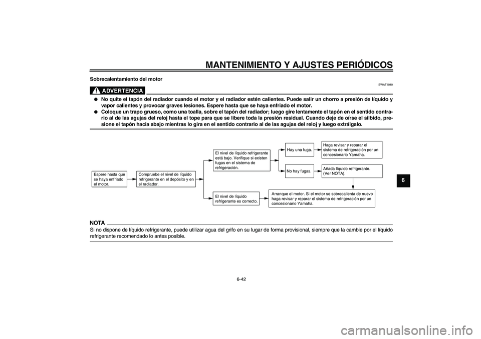 YAMAHA FZ1 S 2009  Manuale de Empleo (in Spanish) MANTENIMIENTO Y AJUSTES PERIÓDICOS
6-42
6
Sobrecalentamiento del motor
ADVERTENCIA
SWAT1040

No quite el tapón del radiador cuando el motor y el radiador estén calientes. Puede salir un chorro a p