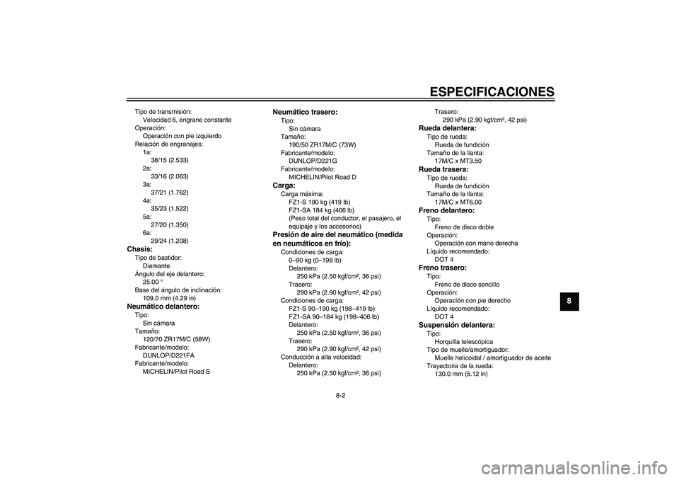 YAMAHA FZ1 S 2009  Manuale de Empleo (in Spanish) ESPECIFICACIONES
8-2
8
Tipo de transmisión:
Velocidad 6, engrane constante
Operación:
Operación con pie izquierdo
Relación de engranajes:
1a:
38/15 (2.533)
2a:
33/16 (2.063)
3a:
37/21 (1.762)
4a:
