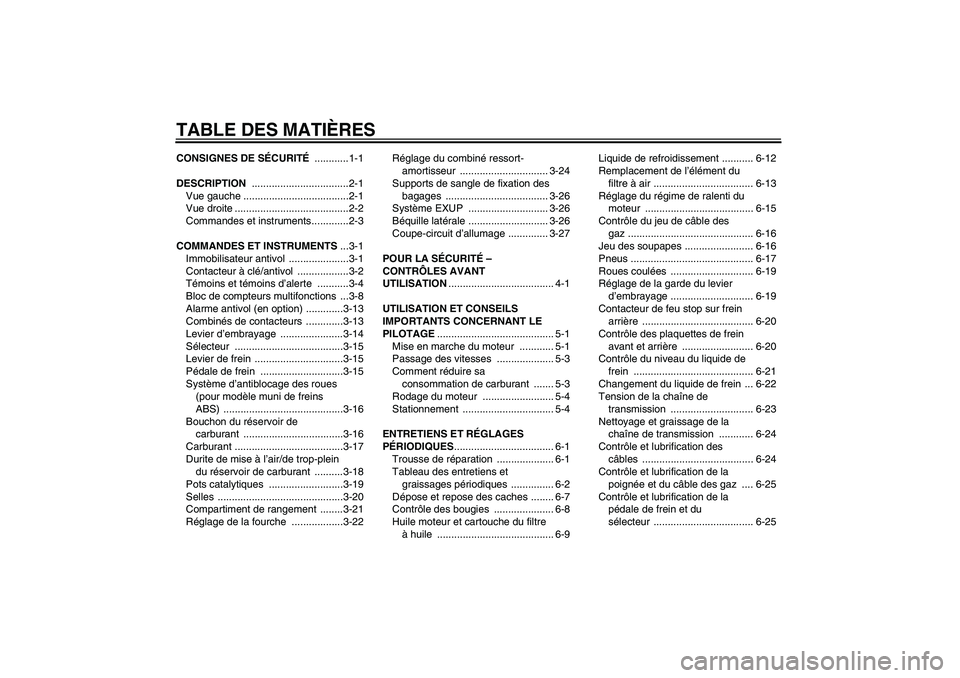 YAMAHA FZ1 S 2009  Notices Demploi (in French) TABLE DES MATIÈRESCONSIGNES DE SÉCURITÉ ............1-1
DESCRIPTION ..................................2-1
Vue gauche .....................................2-1
Vue droite ............................