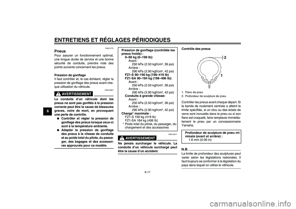 YAMAHA FZ1 S 2009  Notices Demploi (in French) ENTRETIENS ET RÉGLAGES PÉRIODIQUES
6-17
6
FAU21772
Pneus Pour assurer un fonctionnement optimal,
une longue durée de service et une bonne
sécurité de conduite, prendre note des
points suivants co