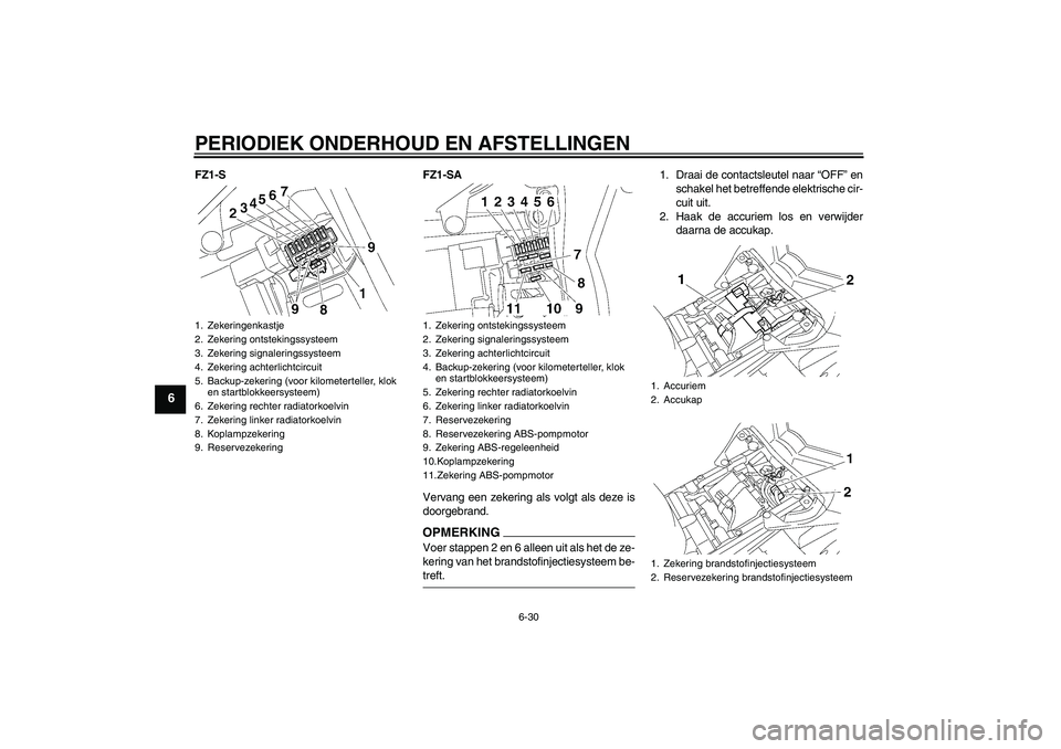 YAMAHA FZ1 S 2009  Instructieboekje (in Dutch) PERIODIEK ONDERHOUD EN AFSTELLINGEN
6-30
6
FZ1-S FZ1-SA
Vervang een zekering als volgt als deze is
doorgebrand.
OPMERKINGVoer stappen 2 en 6 alleen uit als het de ze-
kering van het brandstofinjecties