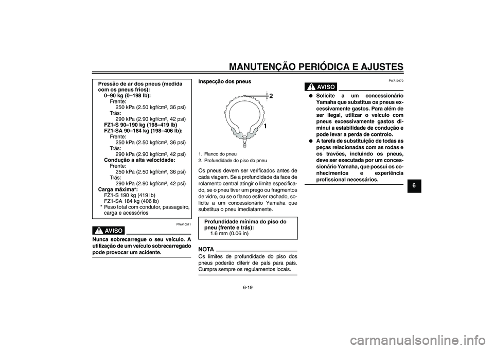 YAMAHA FZ1 S 2009  Manual de utilização (in Portuguese) MANUTENÇÃO PERIÓDICA E AJUSTES
6-19
6
AV I S O
PWA10511
Nunca sobrecarregue o seu veículo. A
utilização de um veículo sobrecarregadopode provocar um acidente.Inspecção dos pneus
Os pneus deve