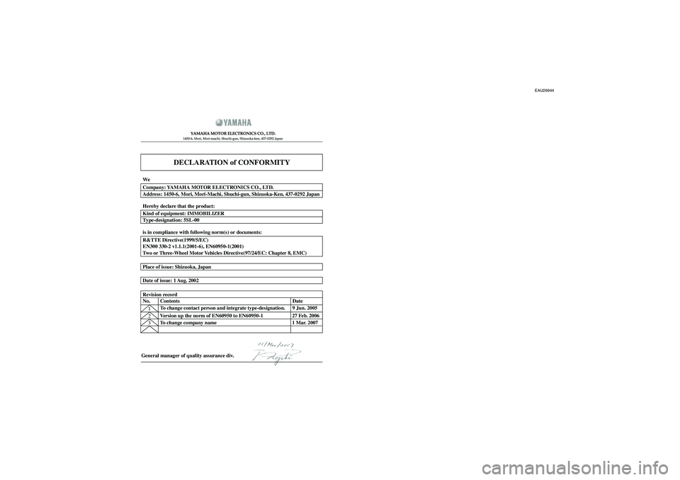 YAMAHA FZ1 S 2008  Owners Manual EAU26944
DECLARATION of CONFORMITY
YAMAHA MOTOR ELECTRONICS CO., LTD.1450-6, Mori, Mori-machi, Shuchi-gun, Shizuoka-ken, 437-0292 Japan
General manager of quality assurance div.1
Version up the norm o