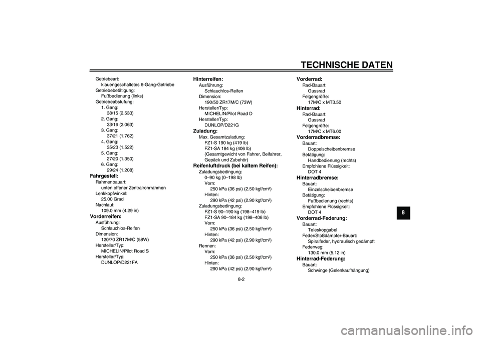 YAMAHA FZ1 S 2008 Betriebsanleitungen (in German) TECHNISCHE DATEN
8-2
8
Getriebeart:
klauengeschaltetes 6-Gang-Getriebe
Getriebebetätigung:
Fußbedienung (links)
Getriebeabstufung:
1. Gang:
38/15 (2.533)
2. Gang:
33/16 (2.063)
3. Gang:
37/21 (1.762 YAMAHA FZ1 S 2008 Betriebsanleitungen (in German) TECHNISCHE DATEN
8-2
8
Getriebeart:
klauengeschaltetes 6-Gang-Getriebe
Getriebebetätigung:
Fußbedienung (links)
Getriebeabstufung:
1. Gang:
38/15 (2.533)
2. Gang:
33/16 (2.063)
3. Gang:
37/21 (1.762