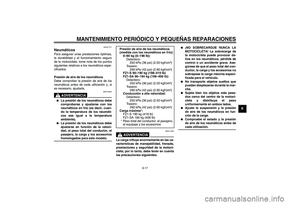 YAMAHA FZ1 S 2008  Manuale de Empleo (in Spanish) MANTENIMIENTO PERIÓDICO Y PEQUEÑAS REPARACIONES
6-17
6
SAU21771
Neumáticos Para asegurar unas prestaciones óptimas,
la durabilidad y el funcionamiento seguro
de la motocicleta, tome nota de los pu