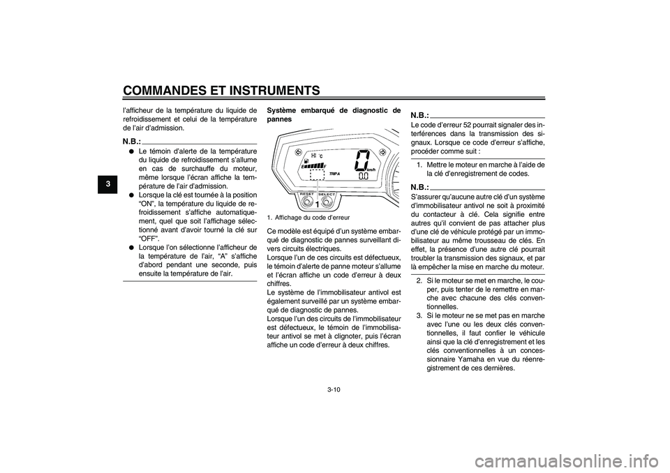 YAMAHA FZ1 S 2008  Notices Demploi (in French) COMMANDES ET INSTRUMENTS
3-10
3
l’afficheur de la température du liquide de
refroidissement et celui de la température
de l’air d’admission.N.B.:
Le témoin d’alerte de la température
du l