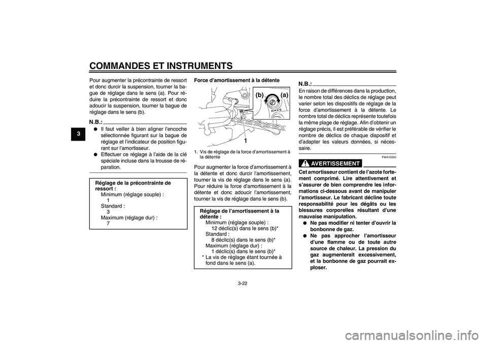 YAMAHA FZ1 S 2008  Notices Demploi (in French) COMMANDES ET INSTRUMENTS
3-22
3
Pour augmenter la précontrainte de ressort
et donc durcir la suspension, tourner la ba-
gue de réglage dans le sens (a). Pour ré-
duire la précontrainte de ressort 