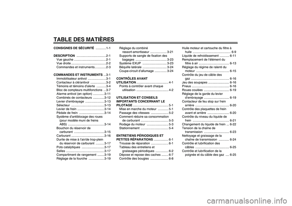 YAMAHA FZ1 S 2008  Notices Demploi (in French) TABLE DES MATIÈRESCONSIGNES DE SÉCURITÉ ............1-1
DESCRIPTION ..................................2-1
Vue gauche .....................................2-1
Vue droite ............................