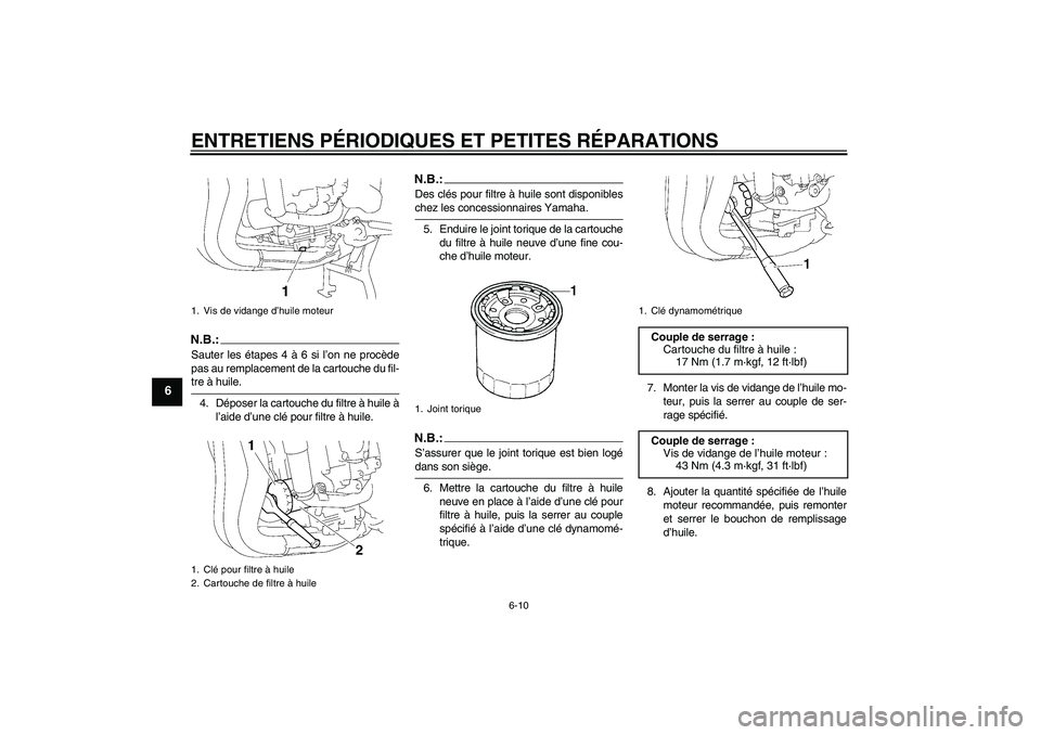YAMAHA FZ1 S 2008  Notices Demploi (in French) ENTRETIENS PÉRIODIQUES ET PETITES RÉPARATIONS
6-10
6
N.B.:Sauter les étapes 4 à 6 si l’on ne procède
pas au remplacement de la cartouche du fil-tre à huile.
4. Déposer la cartouche du filtre 