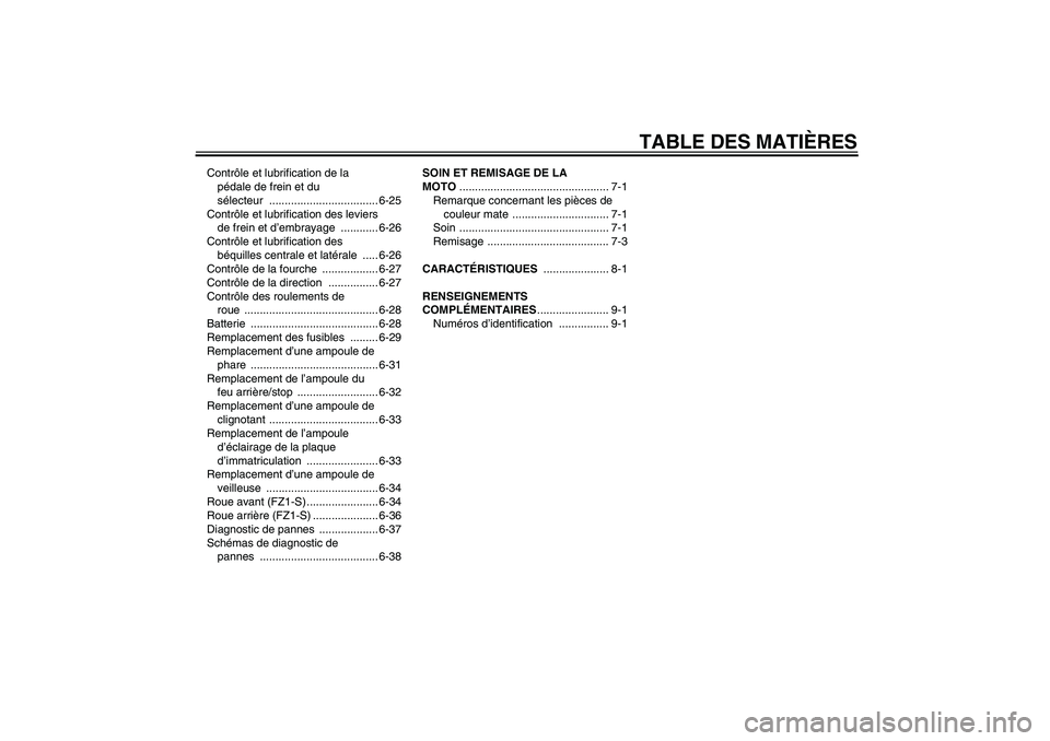 YAMAHA FZ1 S 2008  Notices Demploi (in French) TABLE DES MATIÈRES
Contrôle et lubrification de la 
pédale de frein et du 
sélecteur ................................... 6-25
Contrôle et lubrification des leviers 
de frein et d’embrayage ....