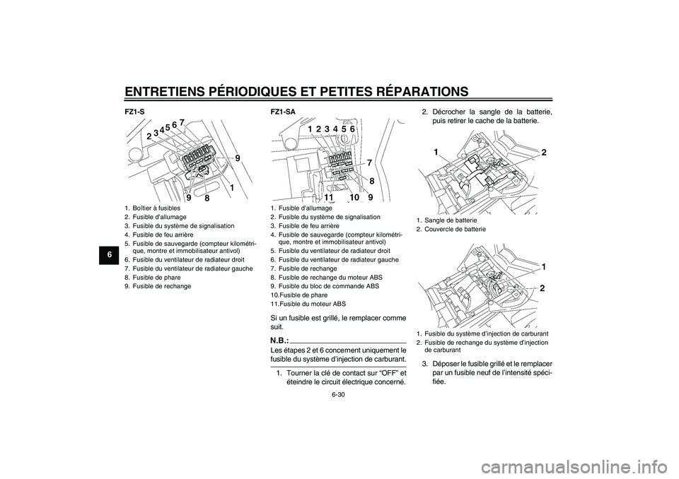 YAMAHA FZ1 S 2008  Notices Demploi (in French) ENTRETIENS PÉRIODIQUES ET PETITES RÉPARATIONS
6-30
6
FZ1-S FZ1-SA
Si un fusible est grillé, le remplacer comme
suit.
N.B.:Les étapes 2 et 6 concernent uniquement lefusible du système d’injectio