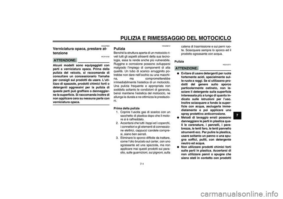 YAMAHA FZ1 S 2008  Manuale duso (in Italian) PULIZIA E RIMESSAGGIO DEL MOTOCICLO
7-1
7
HAU37833
Verniciatura opaca, prestare at-
tenzione ATTENZIONE:
HCA15192
Alcuni modelli sono equipaggiati con
parti a verniciatura opaca. Prima della
pulizia d