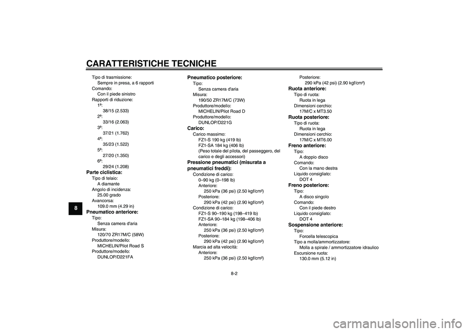 YAMAHA FZ1 S 2008  Manuale duso (in Italian) CARATTERISTICHE TECNICHE
8-2
8
Tipo di trasmissione:
Sempre in presa, a 6 rapporti
Comando:
Con il piede sinistro
Rapporti di riduzione:
1ª:
38/15 (2.533)
2ª:
33/16 (2.063)
3ª:
37/21 (1.762)
4ª:
3