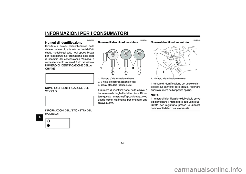 YAMAHA FZ1 S 2008 Manuale duso (in Italian) INFORMAZIONI PER I CONSUMATORI
9-1
9
HAU26351
Numeri di identificazione Riportare i numeri d’identificazione della
chiave, del veicolo e le informazioni dell’eti-
chetta modello qui sotto negli ap YAMAHA FZ1 S 2008 Manuale duso (in Italian) INFORMAZIONI PER I CONSUMATORI
9-1
9
HAU26351
Numeri di identificazione Riportare i numeri d’identificazione della
chiave, del veicolo e le informazioni dell’eti-
chetta modello qui sotto negli ap