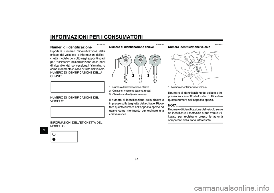 YAMAHA FZ1 S 2008  Manuale duso (in Italian) INFORMAZIONI PER I CONSUMATORI
9-1
9
HAU26351
Numeri di identificazione Riportare i numeri d’identificazione della
chiave, del veicolo e le informazioni dell’eti-
chetta modello qui sotto negli ap