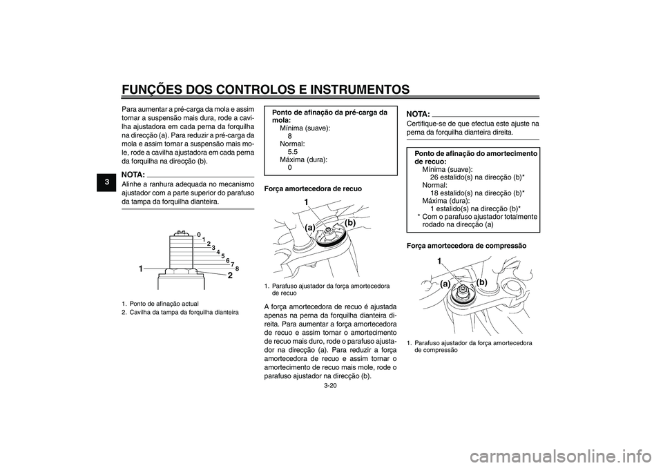 YAMAHA FZ1 S 2008  Manual de utilização (in Portuguese) FUNÇÕES DOS CONTROLOS E INSTRUMENTOS
3-20
3
Para aumentar a pré-carga da mola e assim
tornar a suspensão mais dura, rode a cavi-
lha ajustadora em cada perna da forquilha
na direcção (a). Para r