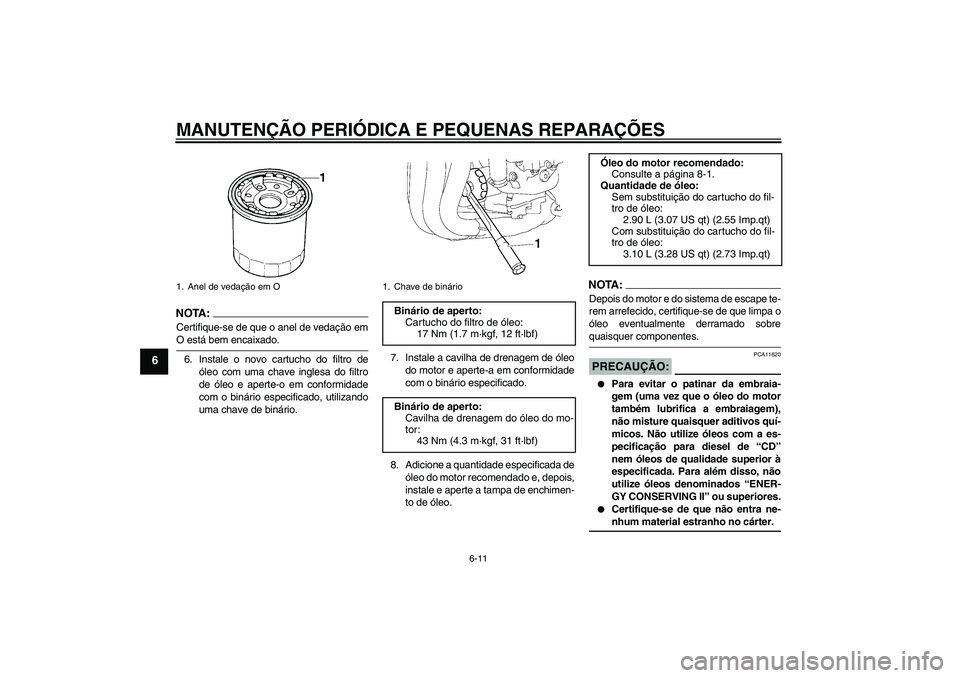 YAMAHA FZ1 S 2008  Manual de utilização (in Portuguese) MANUTENÇÃO PERIÓDICA E PEQUENAS REPARAÇÕES
6-11
6
NOTA :
Certifique-se de que o anel de vedação emO está bem encaixado.
6. Instale o novo cartucho do filtro de
óleo com uma chave inglesa do f