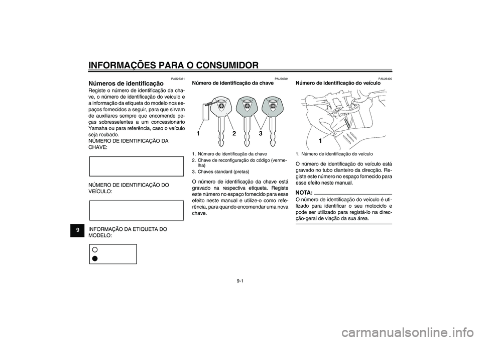 YAMAHA FZ1 S 2008  Manual de utilização (in Portuguese) INFORMAÇÕES PARA O CONSUMIDOR
9-1
9
PAU26351
Números de identificação Registe o número de identificação da cha-
ve, o número de identificação do veículo e
a informação da etiqueta do mod