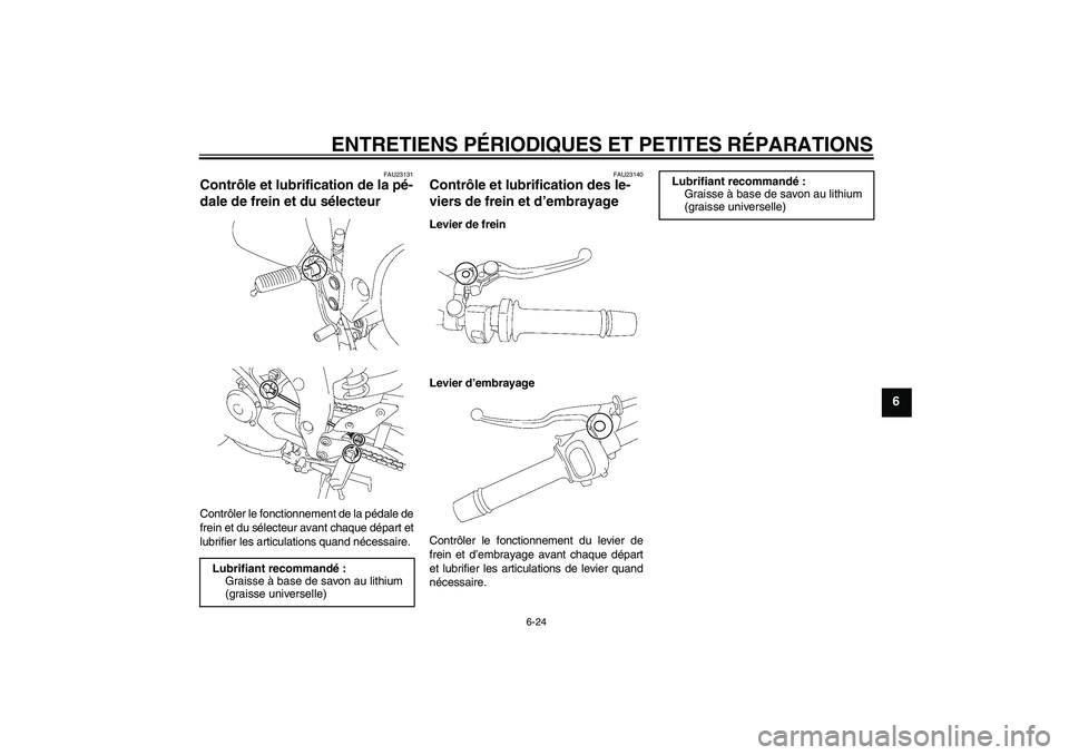 YAMAHA FZ1 S 2007  Notices Demploi (in French) ENTRETIENS PÉRIODIQUES ET PETITES RÉPARATIONS
6-24
6
FAU23131
Contrôle et lubrification de la pé-
dale de frein et du sélecteur Contrôler le fonctionnement de la pédale de
frein et du sélecteu