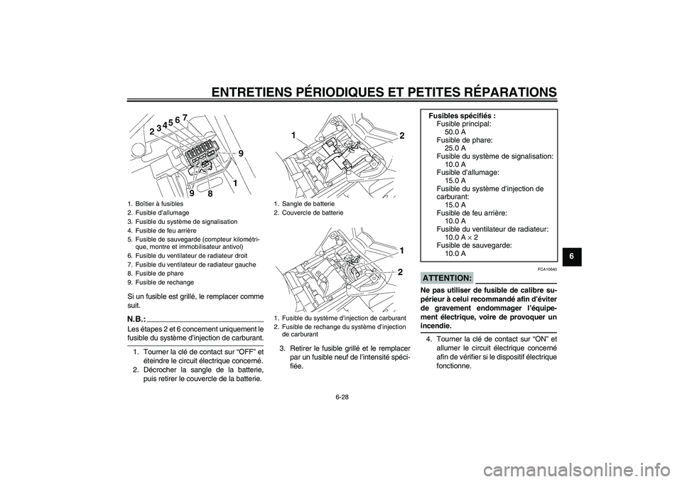 YAMAHA FZ1 S 2007  Notices Demploi (in French) ENTRETIENS PÉRIODIQUES ET PETITES RÉPARATIONS
6-28
6
Si un fusible est grillé, le remplacer comme
suit.N.B.:Les étapes 2 et 6 concernent uniquement lefusible du système d’injection de carburant