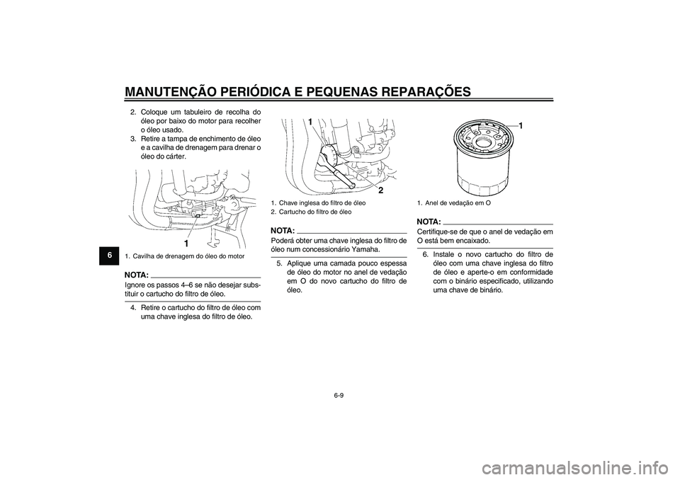 YAMAHA FZ1 S 2007  Manual de utilização (in Portuguese) MANUTENÇÃO PERIÓDICA E PEQUENAS REPARAÇÕES
6-9
6
2. Coloque um tabuleiro de recolha do
óleo por baixo do motor para recolher
o óleo usado.
3. Retire a tampa de enchimento de óleo
e a cavilha d