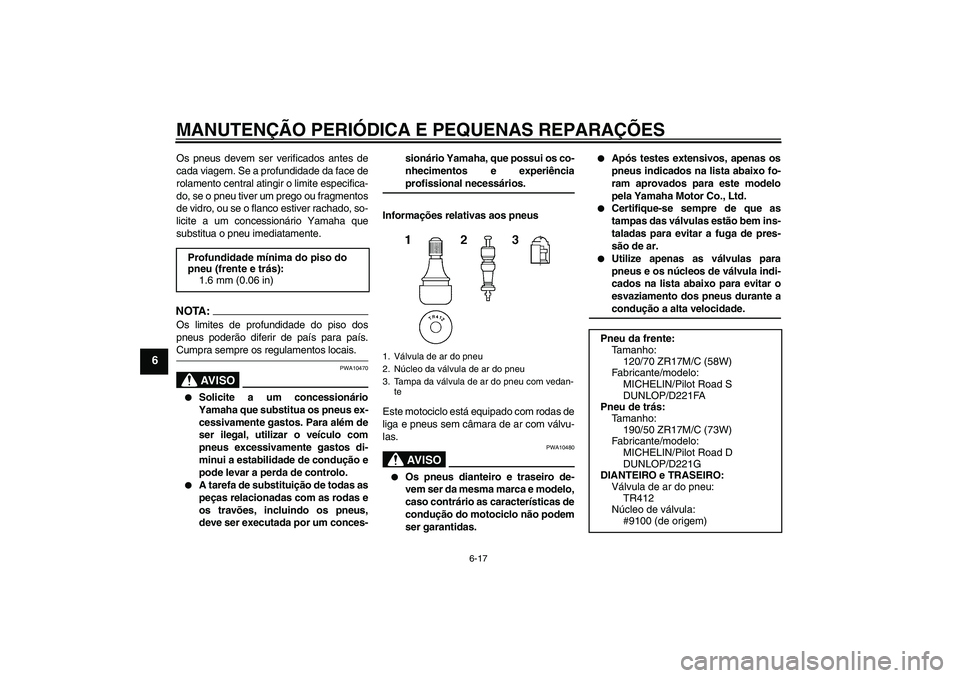 YAMAHA FZ1 S 2007  Manual de utilização (in Portuguese) MANUTENÇÃO PERIÓDICA E PEQUENAS REPARAÇÕES
6-17
6
Os pneus devem ser verificados antes de
cada viagem. Se a profundidade da face de
rolamento central atingir o limite especifica-
do, se o pneu ti