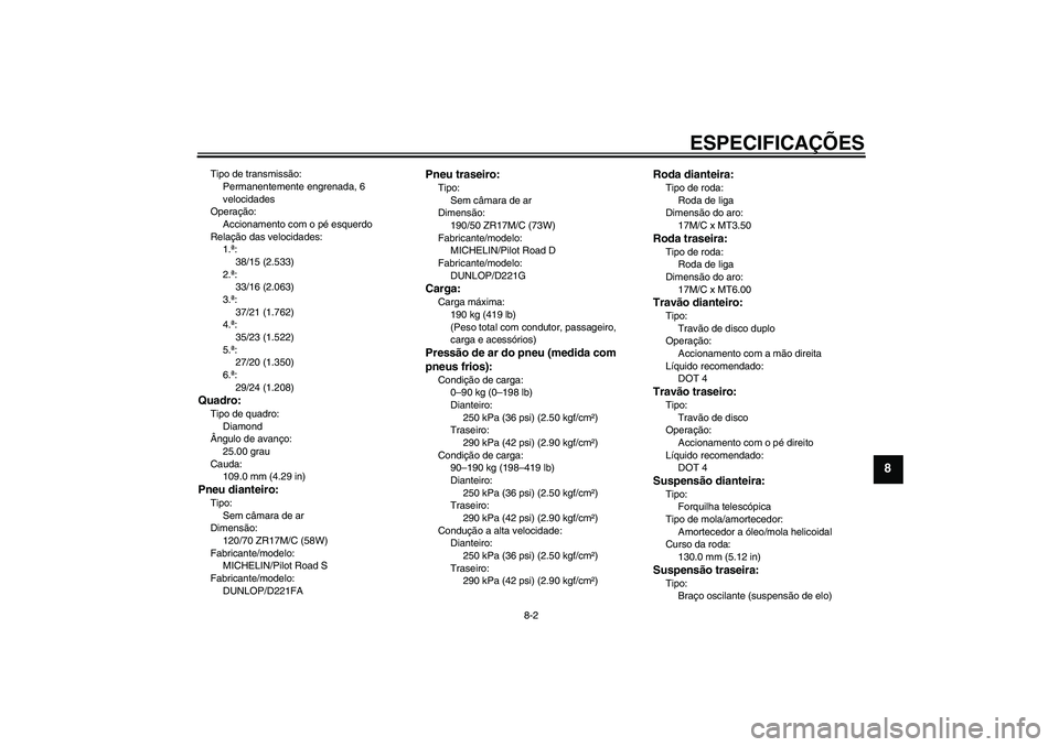 YAMAHA FZ1 S 2007  Manual de utilização (in Portuguese) ESPECIFICAÇÕES
8-2
8
Tipo de transmissão:
Permanentemente engrenada, 6 
velocidades
Operação:
Accionamento com o pé esquerdo
Relação das velocidades:
1.ª:
38/15 (2.533)
2.ª:
33/16 (2.063)
3.