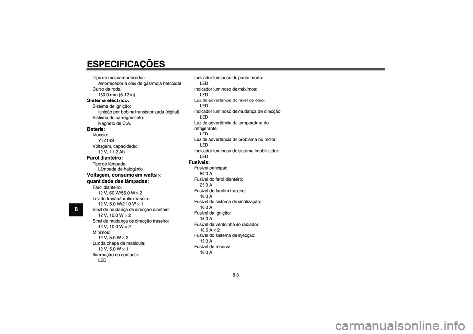 YAMAHA FZ1 S 2007  Manual de utilização (in Portuguese) ESPECIFICAÇÕES
8-3
8
Tipo de mola/amortecedor:
Amortecedor a óleo de gás/mola helicoidal
Curso da roda:
130.0 mm (5.12 in)Sistema eléctrico:Sistema de ignição:
Ignição por bobina transistoriz