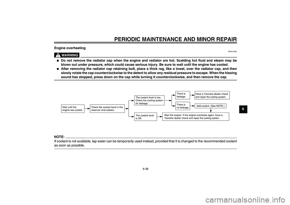 YAMAHA FZ1 S 2006  Owners Manual PERIODIC MAINTENANCE AND MINOR REPAIR
6-38
6 Engine overheating
WARNING
EWA10400

Do not remove the radiator cap when the engine and radiator are hot. Scalding hot fluid and steam may be
blown out un