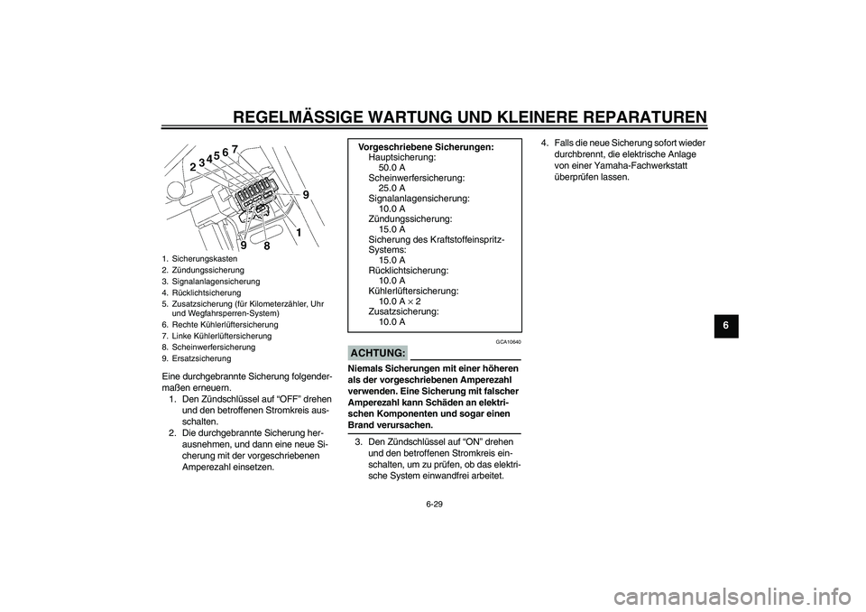 YAMAHA FZ1 S 2006  Betriebsanleitungen (in German) REGELMÄSSIGE WARTUNG UND KLEINERE REPARATUREN
6-29
6
Eine durchgebrannte Sicherung folgender-
maßen erneuern.
1. Den Zündschlüssel auf “OFF” drehen 
und den betroffenen Stromkreis aus-
schalte