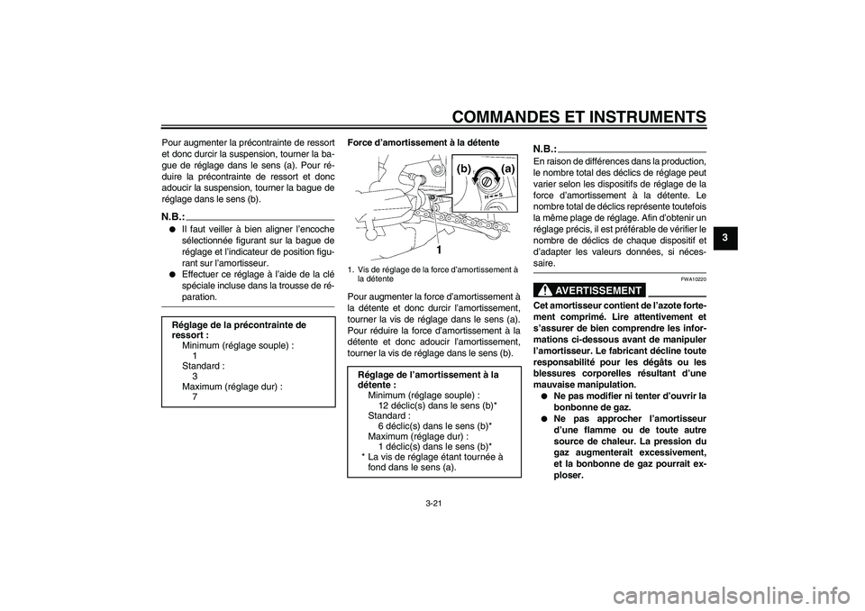 YAMAHA FZ1 S 2006  Notices Demploi (in French) COMMANDES ET INSTRUMENTS
3-21
3
Pour augmenter la précontrainte de ressort
et donc durcir la suspension, tourner la ba-
gue de réglage dans le sens (a). Pour ré-
duire la précontrainte de ressort 