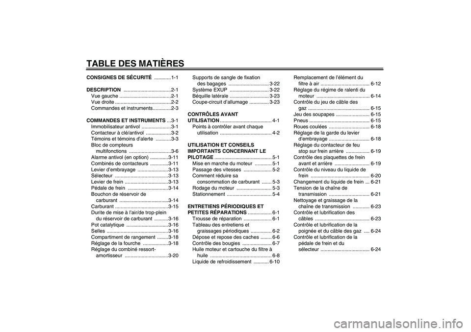 YAMAHA FZ1 S 2006  Notices Demploi (in French) TABLE DES MATIÈRESCONSIGNES DE SÉCURITÉ ............1-1
DESCRIPTION ..................................2-1
Vue gauche .....................................2-1
Vue droite ............................