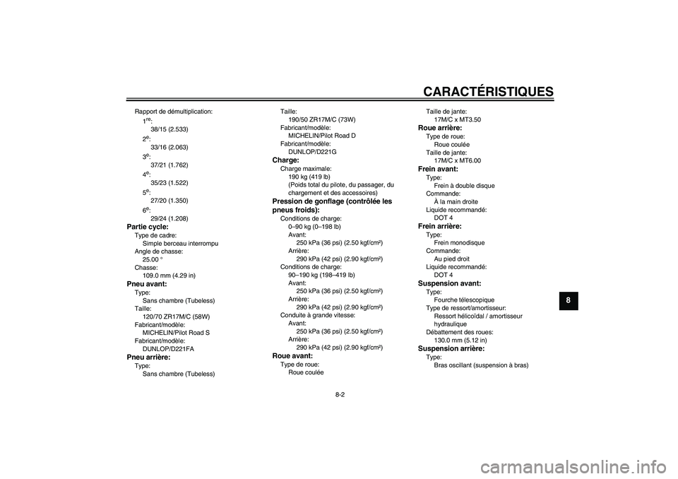 YAMAHA FZ1 S 2006  Notices Demploi (in French) CARACTÉRISTIQUES
8-2
8
Rapport de démultiplication:
1
re:
38/15 (2.533)
2e:
33/16 (2.063)
3e:
37/21 (1.762)
4e:
35/23 (1.522)
5e:
27/20 (1.350)
6e:
29/24 (1.208)
Partie cycle:Type de cadre:
Simple b
