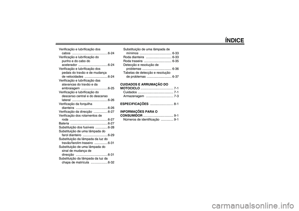 YAMAHA FZ1 S 2006  Manual de utilização (in Portuguese) ÍNDICE
Verificação e lubrificação dos 
cabos ........................................ 6-24
Verificação e lubrificação do 
punho e do cabo do 
acelerador ................................. 6-24