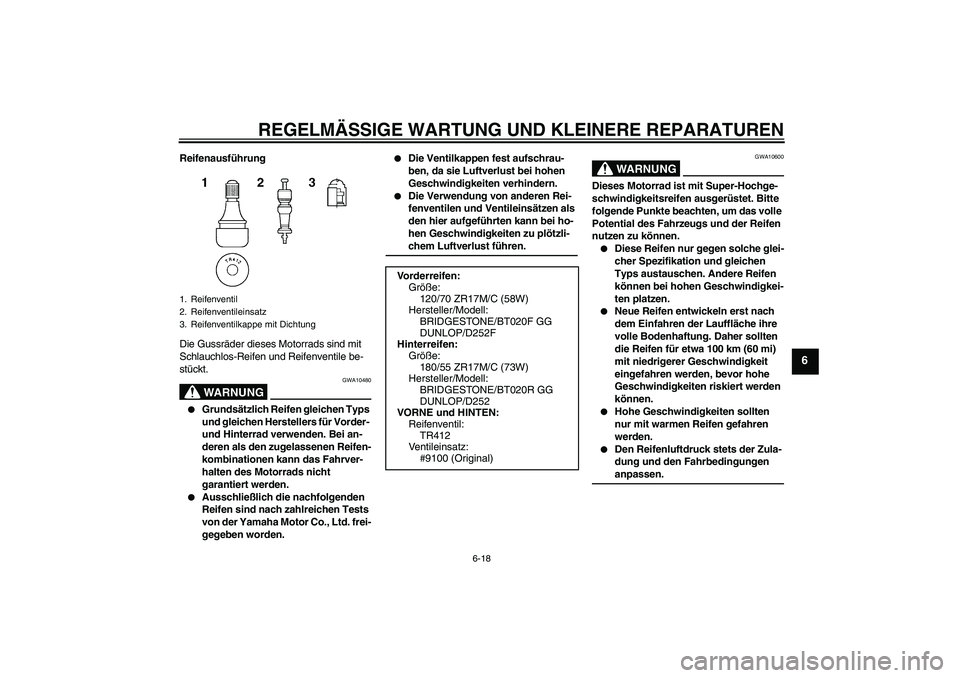 YAMAHA FZ6 N 2007  Betriebsanleitungen (in German) REGELMÄSSIGE WARTUNG UND KLEINERE REPARATUREN
6-18
6
Reifenausführung
Die Gussräder dieses Motorrads sind mit 
Schlauchlos-Reifen und Reifenventile be-
stückt.
WARNUNG
GWA10480

Grundsätzlich Re