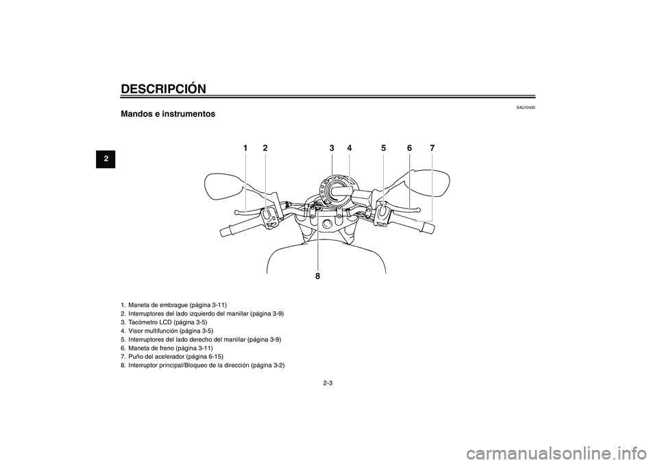 YAMAHA FZ6 N 2007  Manuale de Empleo (in Spanish) DESCRIPCIÓN
2-3
2
SAU10430
Mandos e instrumentos1. Maneta de embrague (página 3-11)
2. Interruptores del lado izquierdo del manillar (página 3-9)
3. Tacómetro LCD (página 3-5)
4. Visor multifunci
