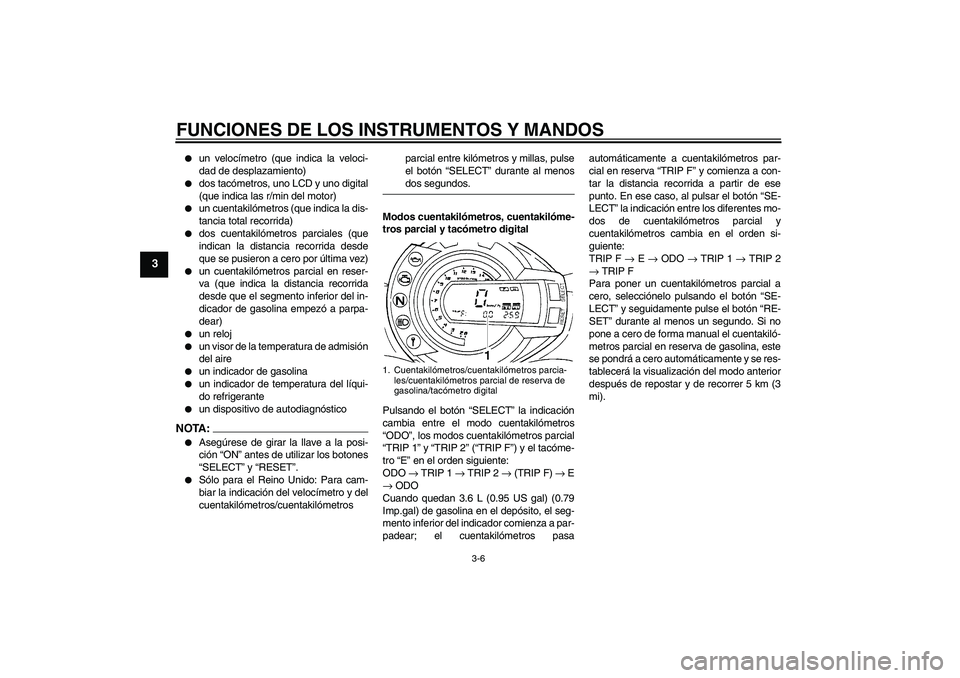 YAMAHA FZ6 N 2007  Manuale de Empleo (in Spanish) FUNCIONES DE LOS INSTRUMENTOS Y MANDOS
3-6
3

un velocímetro (que indica la veloci-
dad de desplazamiento)

dos tacómetros, uno LCD y uno digital
(que indica las r/min del motor)

un cuentakilóm