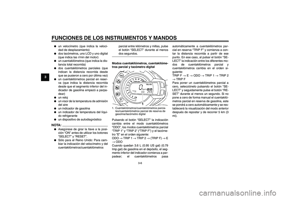 YAMAHA FZ6 N 2007  Manuale de Empleo (in Spanish) FUNCIONES DE LOS INSTRUMENTOS Y MANDOS
3-6
3

un velocímetro (que indica la veloci-
dad de desplazamiento)

dos tacómetros, uno LCD y uno digital
(que indica las r/min del motor)

un cuentakilóm