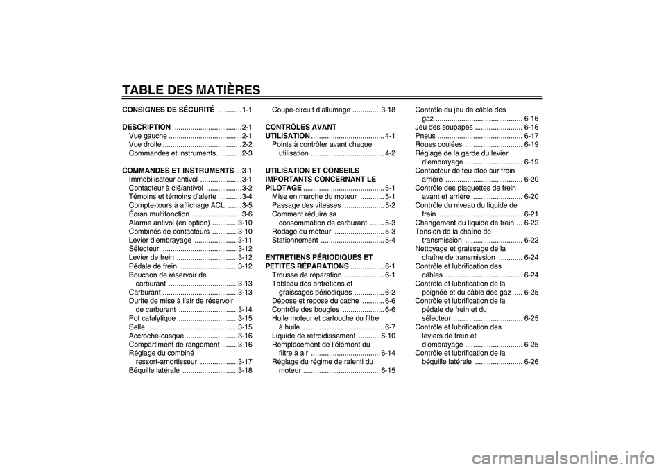 YAMAHA FZ6 N 2007  Notices Demploi (in French) TABLE DES MATIÈRESCONSIGNES DE SÉCURITÉ ............1-1
DESCRIPTION ..................................2-1
Vue gauche .....................................2-1
Vue droite ............................