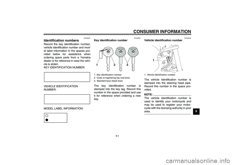 YAMAHA FZ6 N 2006 Manual Online CONSUMER INFORMATION
9-1
9
EAU26351
Identification numbers Record the key identification number,
vehicle identification number and mod-
el label information in the spaces pro-
vided below for assistan