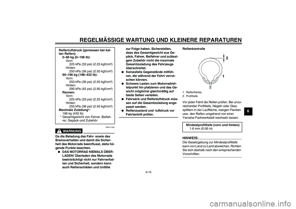 YAMAHA FZ6 N 2006  Betriebsanleitungen (in German) REGELMÄSSIGE WARTUNG UND KLEINERE REPARATUREN
6-15
6
WARNUNG
GWA11020
Da die Beladung das Fahr- sowie das 
Bremsverhalten und damit die Sicher-
heit des Motorrads beeinflusst, stets fol-
gende Punkte