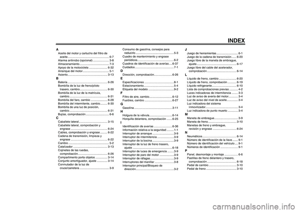 YAMAHA FZ6 N 2006  Manuale de Empleo (in Spanish) INDEX
AAceite del motor y cartucho del filtro de 
aceite .................................................... 6-7
Alarma antirrobo (opcional) .................... 3-8
Almacenamiento ..................