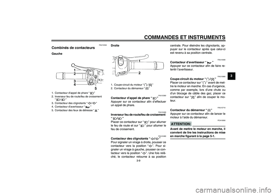 YAMAHA FZ6 N 2006  Notices Demploi (in French) COMMANDES ET INSTRUMENTS
3-9
3
FAU12344
Combinés de contacteurs GaucheDroite
FAU12350
Contacteur d’appel de phare “” 
Appuyer sur ce contacteur afin d’effectuer
un appel de phare.
FAU12400
In