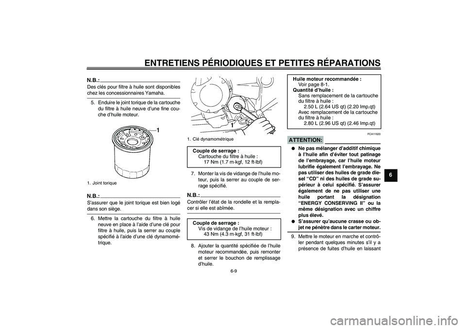 YAMAHA FZ6 N 2006  Notices Demploi (in French) ENTRETIENS PÉRIODIQUES ET PETITES RÉPARATIONS
6-9
6
N.B.:Des clés pour filtre à huile sont disponibleschez les concessionnaires Yamaha.
5. Enduire le joint torique de la cartouche
du filtre à hui