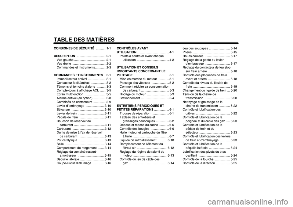 YAMAHA FZ6 N 2006  Notices Demploi (in French) TABLE DES MATIÈRESCONSIGNES DE SÉCURITÉ ............1-1
DESCRIPTION ..................................2-1
Vue gauche .....................................2-1
Vue droite ............................