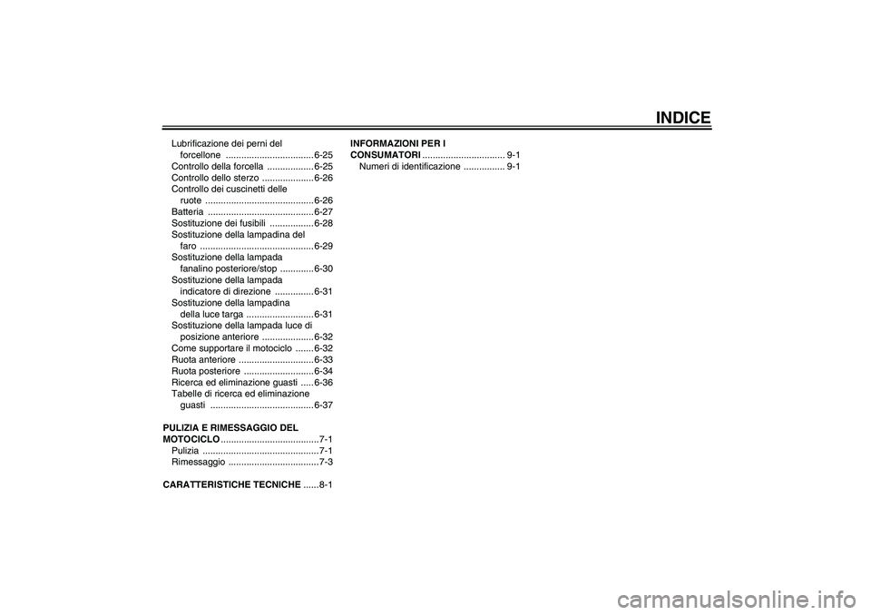 YAMAHA FZ6 N 2006  Manuale duso (in Italian) INDICE
Lubrificazione dei perni del 
forcellone .................................. 6-25
Controllo della forcella  .................. 6-25
Controllo dello sterzo  .................... 6-26
Controllo de