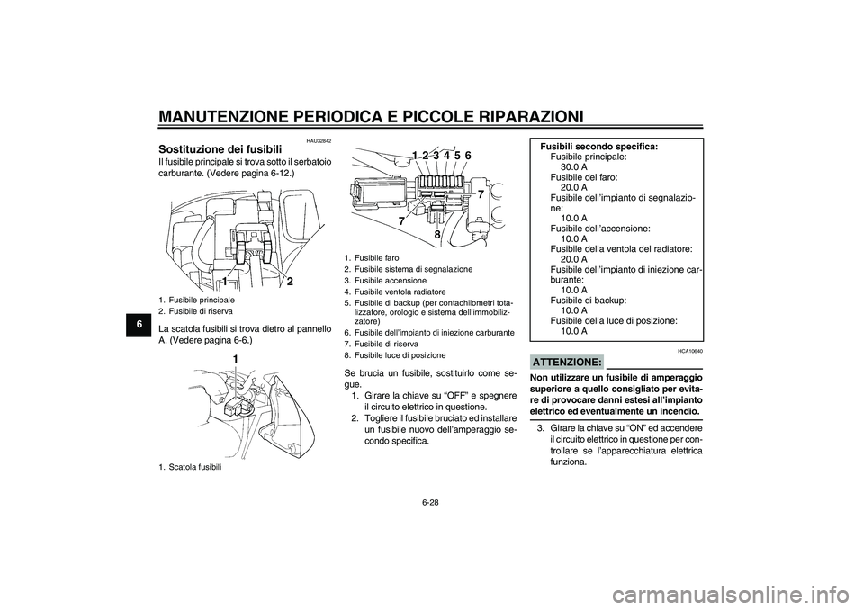 YAMAHA FZ6 N 2006 Manuale duso (in Italian) MANUTENZIONE PERIODICA E PICCOLE RIPARAZIONI
6-28
6
HAU32842
Sostituzione dei fusibili Il fusibile principale si trova sotto il serbatoio
carburante. (Vedere pagina 6-12.)
La scatola fusibili si trova YAMAHA FZ6 N 2006 Manuale duso (in Italian) MANUTENZIONE PERIODICA E PICCOLE RIPARAZIONI
6-28
6
HAU32842
Sostituzione dei fusibili Il fusibile principale si trova sotto il serbatoio
carburante. (Vedere pagina 6-12.)
La scatola fusibili si trova