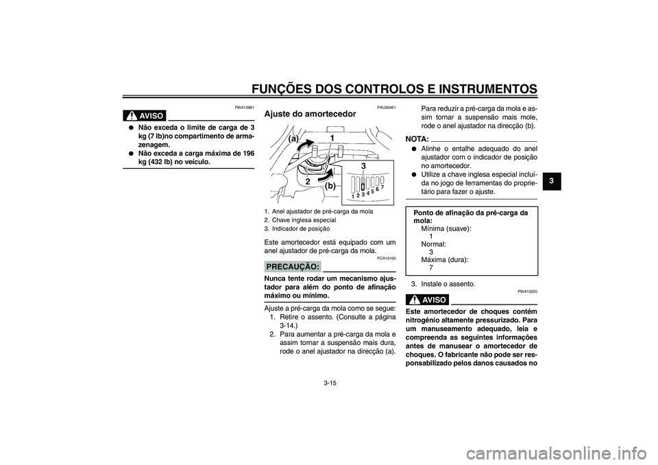 YAMAHA FZ6 N 2006  Manual de utilização (in Portuguese) FUNÇÕES DOS CONTROLOS E INSTRUMENTOS
3-15
3
AV I S O
PWA10961

Não exceda o limite de carga de 3
kg (7 lb)no compartimento de arma-
zenagem.

Não exceda a carga máxima de 196kg (432 lb) no veí